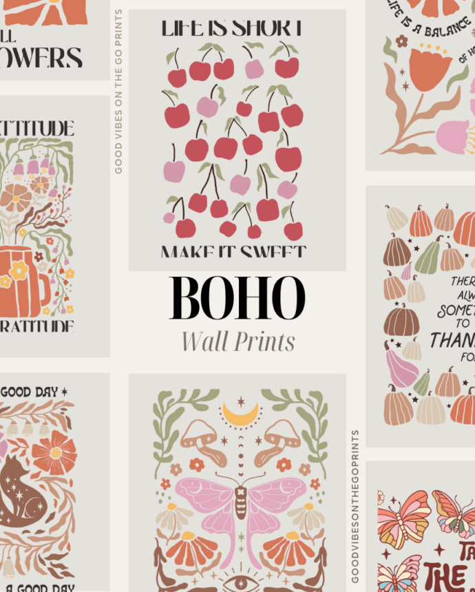 Transform your space with our Boho Quote Prints, a set of seven beautifully designed prints featuring uplifting and mindful quotes. Each 8x10 printable brings a unique bohemian charm to your walls, with messages to inspire positivity and gratitude in everyday life.